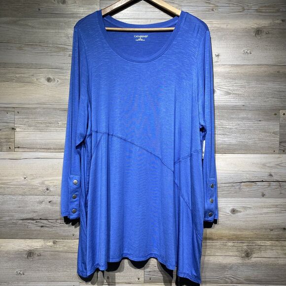 Catherines Tunic Top Size 1X 18/20W Scoop Neck Stretchy Blue Snap Cuff Lagenlook - Picture 1 of 11